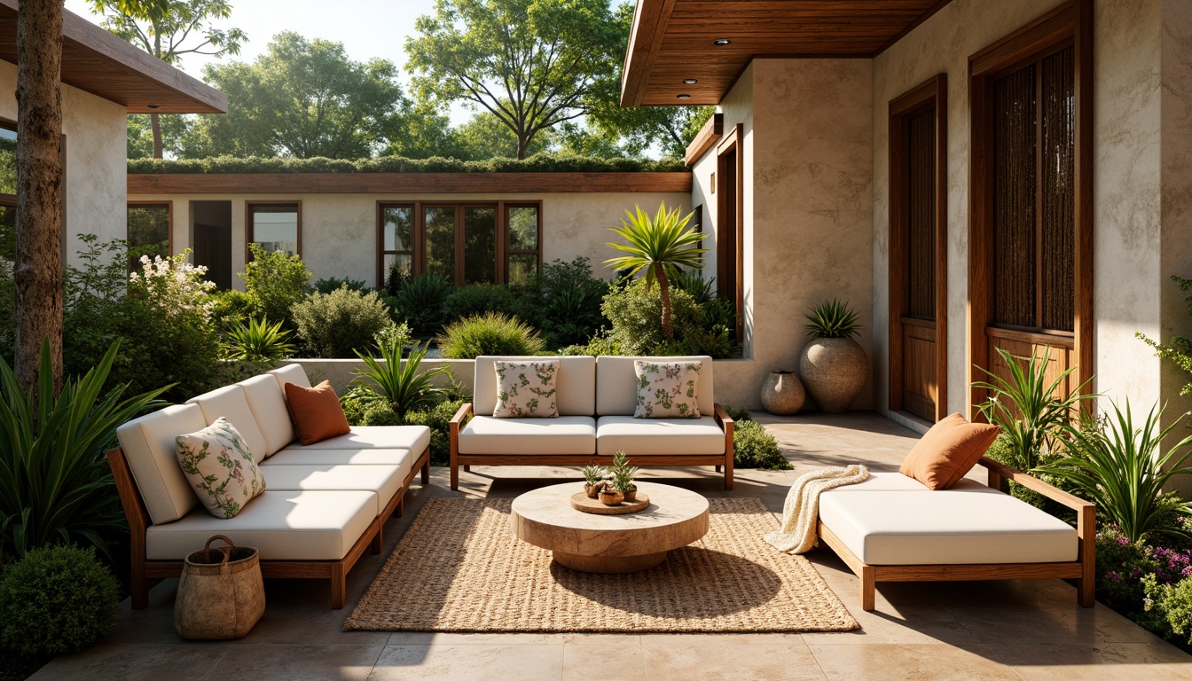 Prompt: Earthy tones, organic shapes, natural stone walls, reclaimed wood accents, living green roofs, bamboo flooring, rattan furniture, woven textiles, earthy ceramics, botanical prints, warm ambient lighting, soft focus, shallow depth of field, 2/3 composition, panoramic view, realistic textures, ambient occlusion.