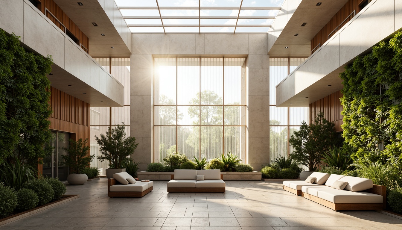 Prompt: Luminous interior space, large windows, clerestory roofs, skylights, translucent walls, natural stone floors, minimalist decor, greenery installations, vertical gardens, living walls, warm wooden accents, soft diffused lighting, indirect illumination, ambient glow, morning sunlight, afternoon warmth, evening coziness, 1/1 composition, symmetrical framing, subtle color palette, realistic textures, shallow depth of field.