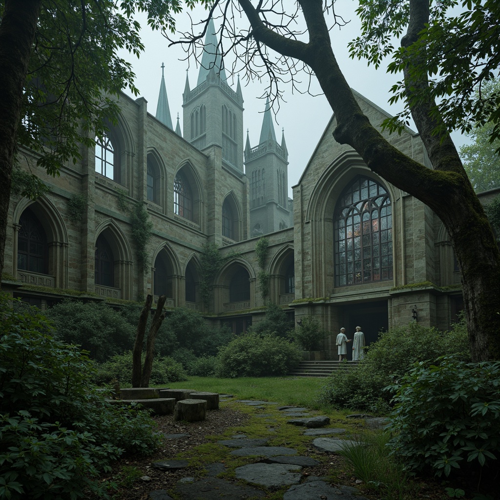 Prompt: Mystical forest, twisted ancient trees, overgrown ruins, moss-covered stones, grandiose Gothic architecture, pointed arches, ribbed vaults, flying buttresses, stained glass windows, intricate stone carvings, weathered copper roofs, misty atmosphere, soft diffused lighting, 1/1 composition, dramatic shadows, atmospheric perspective, rich textures, subtle color palette, eerie silence, mysterious ambiance.