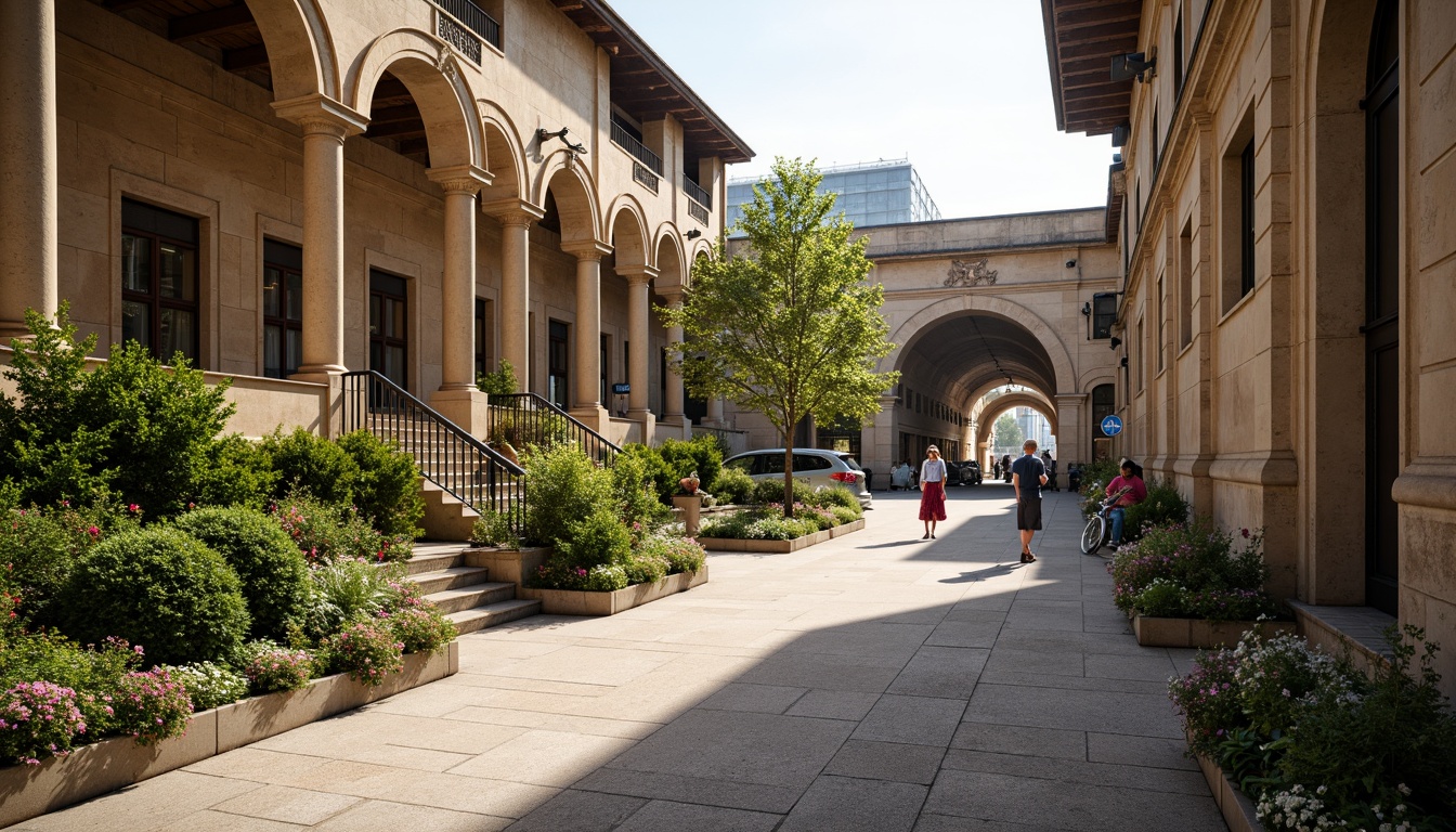 Prompt: Rustic metro station, Romanesque arches, stone columns, grand entrance, lush greenery, vibrant flowers, ornate ironwork, intricate stonework, warm beige tones, soft natural lighting, shallow depth of field, 3/4 composition, panoramic view, realistic textures, ambient occlusion, urban landscape, busy city streets, modern transportation hub, bustling pedestrian traffic, sleek escalators, futuristic elevator systems.