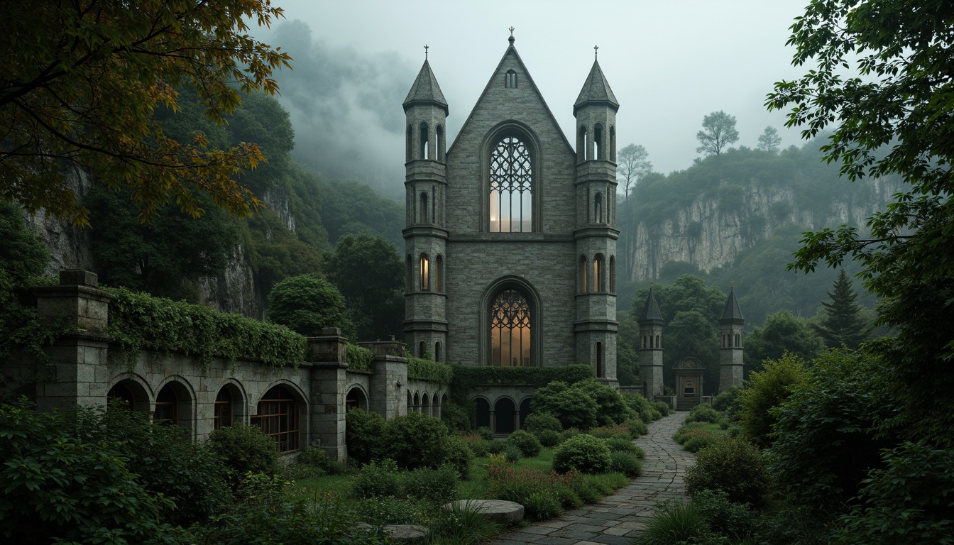 Prompt: Mysterious Gothic castle, sprawling misty forests, rugged stone cliffs, winding vine-covered paths, ancient ruins, overgrown with ivy, moss-covered stones, grandiose architecture, pointed arches, ribbed vaults, flying buttresses, stained glass windows, intricate carvings, mystical symbols, eerie fog, soft warm lighting, low-angle shot, atmospheric perspective, cinematic mood, 2.35