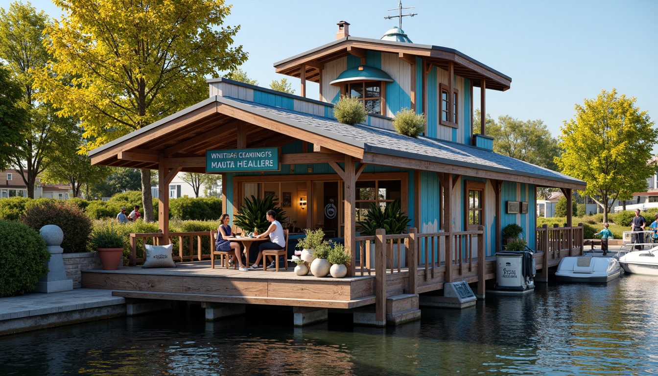 Prompt: Whimsical boathouse, eclectic facade, distressed wood textures, vintage nautical elements, ornate metalwork, colorful glass accents, playful signage, waterfront location, serene lake views, lush greenery, warm sunny day, soft diffused lighting, shallow depth of field, 1/2 composition, symmetrical framing, realistic water reflections, ambient occlusion.