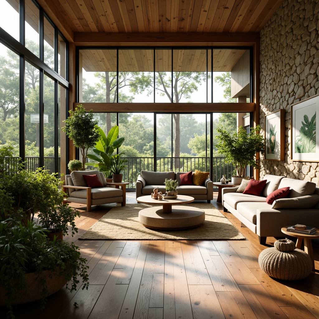 Prompt: Vibrant living room, floor-to-ceiling windows, sliding glass doors, bright natural light, warm wooden flooring, comfortable seating areas, lush greenery, potted plants, botanical prints, soft warm color palette, cozy reading nooks, rustic stone walls, modern minimalist decor, ambient lighting, subtle shadows, shallow depth of field, 1/1 composition, realistic textures, gentle atmospheric effects.