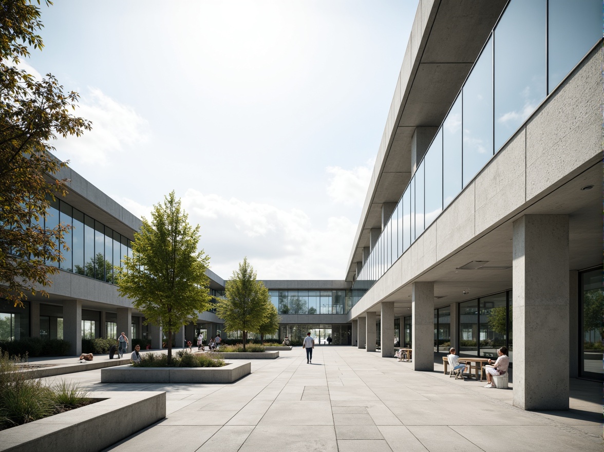 Prompt: Simple university campus, minimalistic architecture, transparent glass facades, clean lines, neutral color palette, natural light infiltration, open atriums, minimalist landscaping, sparse tree arrangement, concrete pavement, subtle texture variations, shallow depth of field, 1/1 composition, softbox lighting, realistic reflections, ambient occlusion.