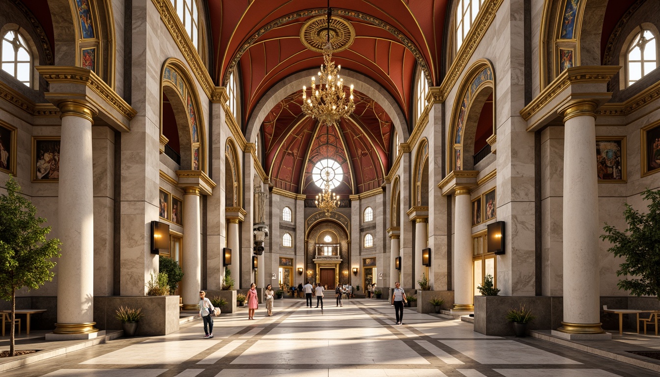 Prompt: Majestic Byzantine cathedral, golden domes, ornate crosses, intricate mosaics, white marble columns, richly textured stone walls, warm terracotta rooftops, ornamental arches, grand entrance doors, lavish frescoes, opulent chandeliers, gleaming bronze accents, polished granite floors, soft warm lighting, high ceilings, symmetrical composition, atmospheric perspective, realistic textures, ambient occlusion.