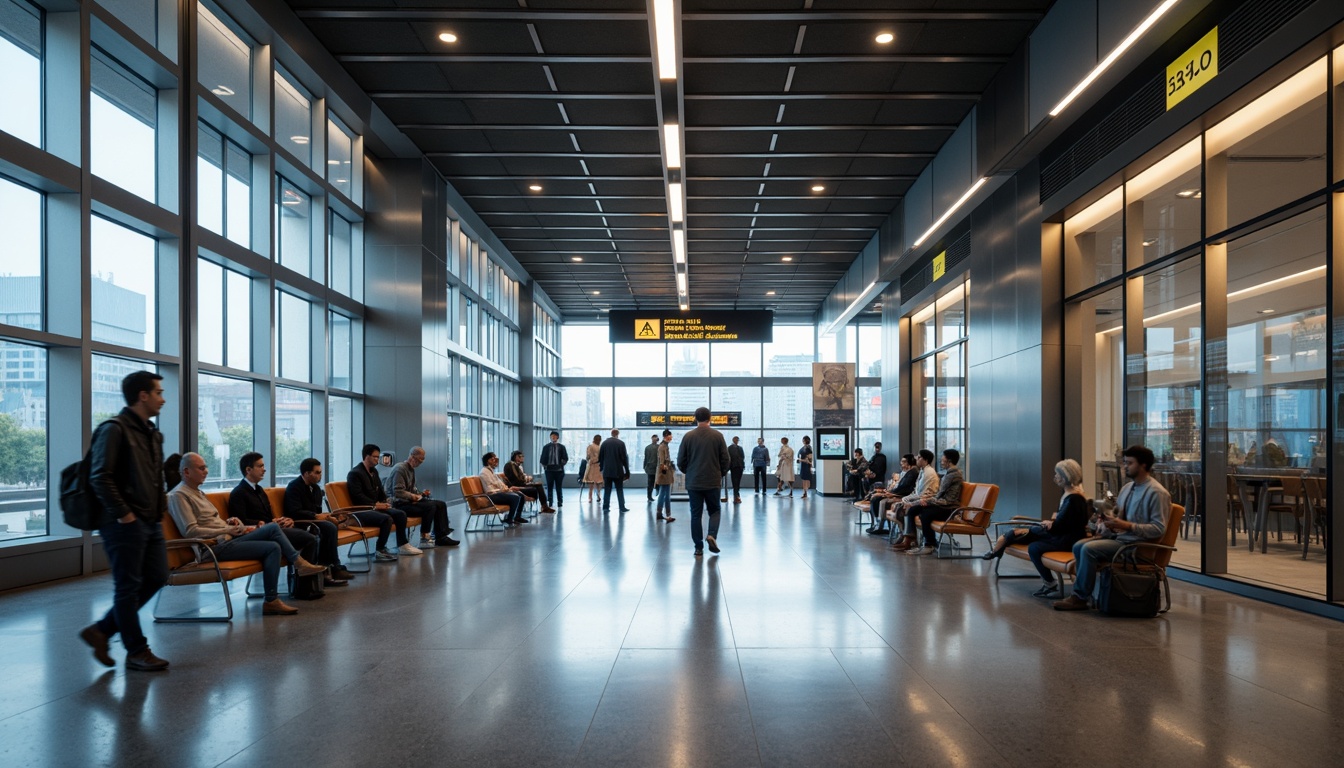 Prompt: Sleek modern train station, polished stainless steel surfaces, high-gloss epoxy resin floors, anodized aluminum columns, frosted glass partitions, LED lighting strips, minimalist signage, comfortable waiting areas, ergonomic seating, urban cityscape views, rush hour crowds, dynamic movement, shallow depth of field, 1/2 composition, cinematic lighting, realistic reflections.