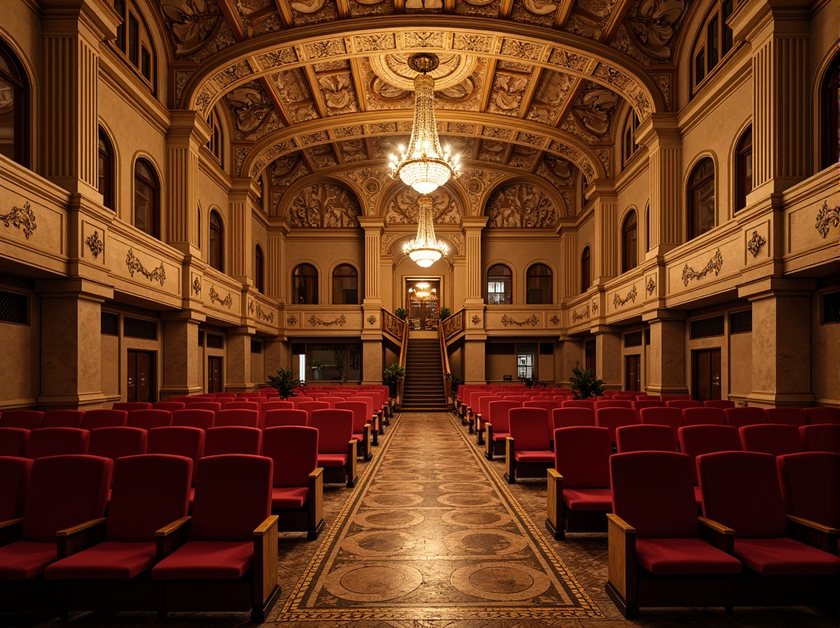 Prompt: Grandiose auditorium, Romanesque arches, ornate stone carvings, vaulted ceilings, majestic chandeliers, plush red velvet seats, intricate mosaic flooring, warm golden lighting, dramatic shadows, 1/1 composition, symmetrical architecture, imposing columns, decorative capitals, subtle rustication, ambient occlusion, realistic textures.