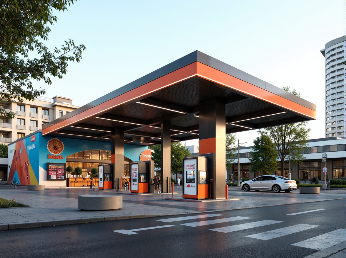 Prompt: Functional gas station, minimalist Bauhaus architecture, clean lines, industrial materials, steel beams, concrete floors, geometric shapes, rectangular forms, bold typography, vibrant primary colors, sleek fuel pumps, modern LED lighting, open canopies, ample parking spaces, urban cityscape, morning sunlight, shallow depth of field, 1/2 composition, realistic textures, ambient occlusion.