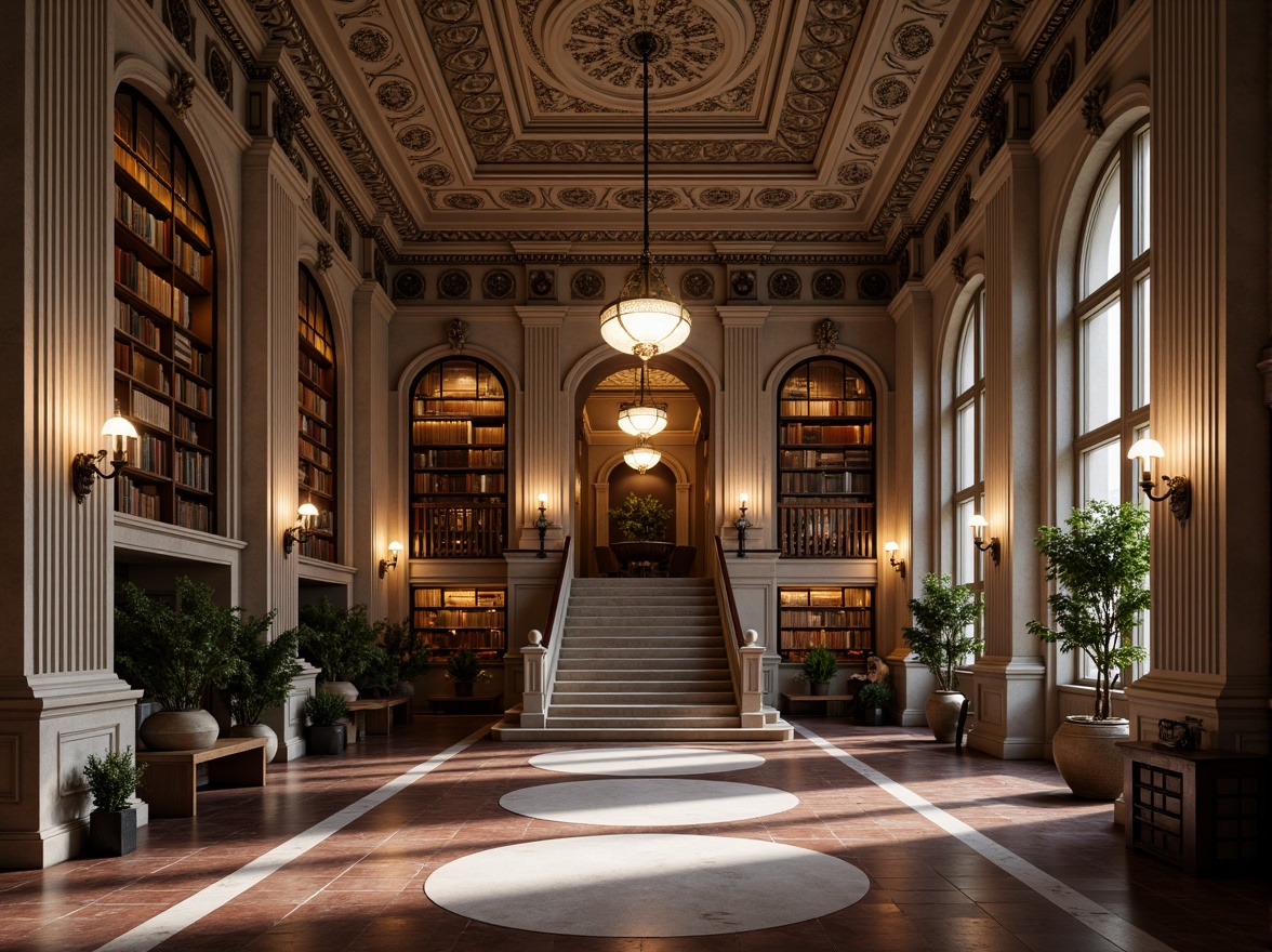 Prompt: Grandiose library facade, ornate neoclassical details, Corinthian columns, imposing stone arches, intricately carved pediments, symmetrical composition, elegant marble flooring, stately staircase, richly decorated ceilings, majestic chandeliers, subtle warm lighting, soft focus blur, 1/1 aspect ratio, realistic textures, ambient occlusion.