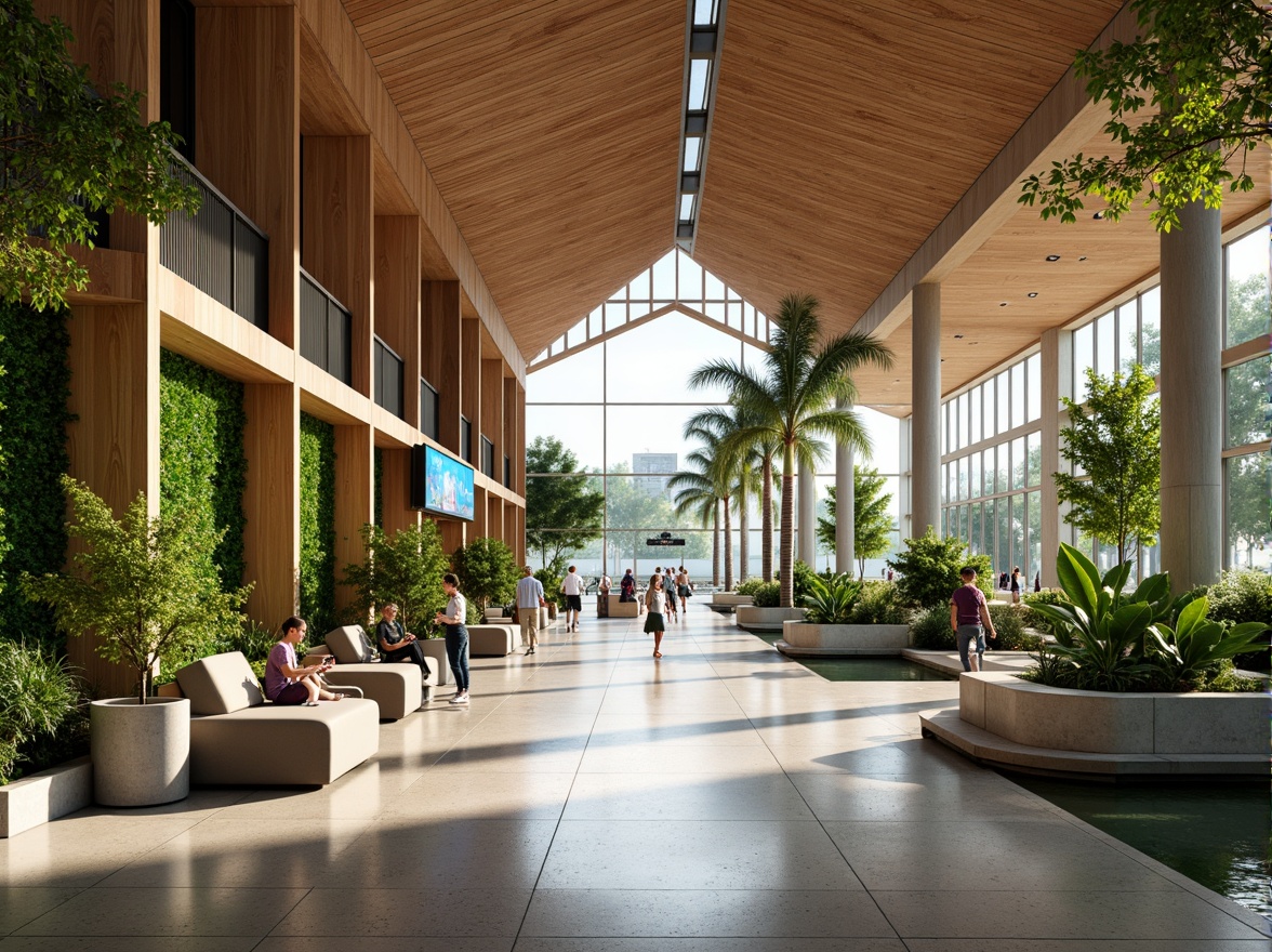 Prompt: Vibrant airport interior, organic curves, natural materials, reclaimed wood accents, living green walls, lush tropical plants, warm neutral tones, soft diffused lighting, minimalist seating areas, sleek metal columns, flowing water features, stone flooring, ambient noise reduction, 1/1 composition, realistic textures, subtle animations, calming atmosphere, departures board displays, comfortable lounge zones, modern airport signage.