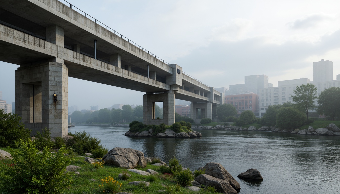 Prompt: Rugged brutalist bridge structure, industrial concrete material, harsh angular lines, imposing monumental scale, dramatic river crossing, misty morning atmosphere, lush green vegetation, wildflower meadows, rocky outcroppings, rustic stone walls, weathered steel railings, bold modern architecture, cantilevered walkways, panoramic cityscape views, soft natural lighting, high dynamic range, 1/2 composition, cinematic framing, realistic rock textures, atmospheric fog effects.