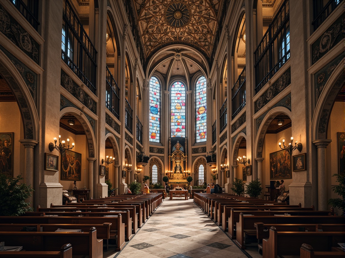 Prompt: Intricate Gothic arches, ornate stone carvings, grandiose domed roofs, vibrant stained glass windows, majestic bell towers, solemn prayer halls, intricate marble flooring, ornamental frescoes, gilded altar decorations, lavish chandeliers, subtle natural lighting, soft warm ambiance, shallow depth of field, 1/1 composition, detailed textures, realistic materials.