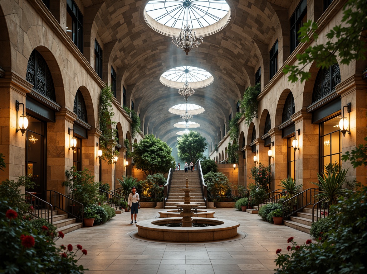 Prompt: Grandiose metro station, Romanesque arches, ornate stonework, lush greenery, vibrant flowers, decorative fountains, intricate ironwork, ornamental lamps, weathered stone walls, aged bronze accents, classic columns, majestic staircases, high ceilings, stunning chandeliers, warm ambient lighting, soft focus, 1/2 composition, symmetrical framing, atmospheric perspective, realistic textures, detailed normal maps.