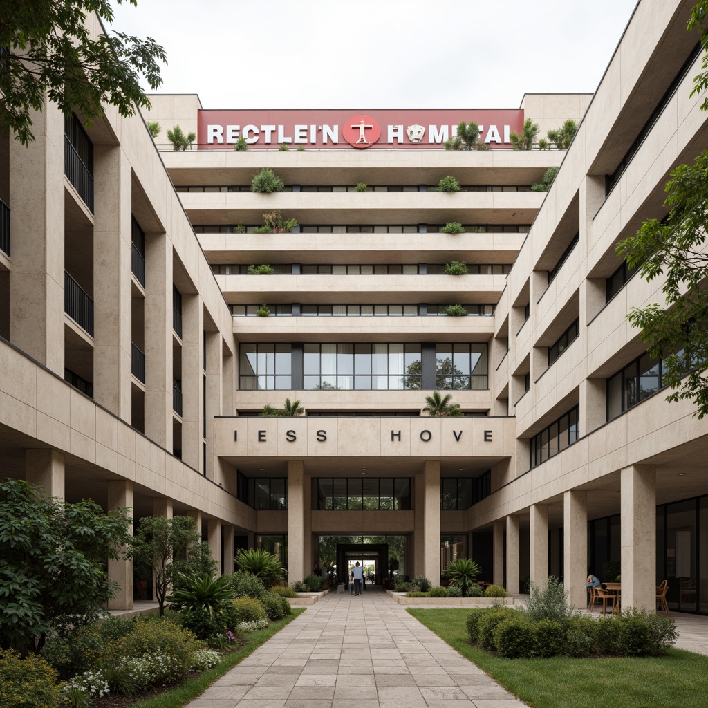 Prompt: Monumental hospital facade, brutalist architecture, raw concrete textures, modular grid system, repetitive column patterns, cantilevered rooflines, minimalist ornamentation, functional simplicity, medical signage, stainless steel accents, glass curtain walls, shaded outdoor spaces, natural ventilation systems, tropical plant species, warm beige color palette, overcast daylight, soft focus photography, 2/3 composition, atmospheric perspective.