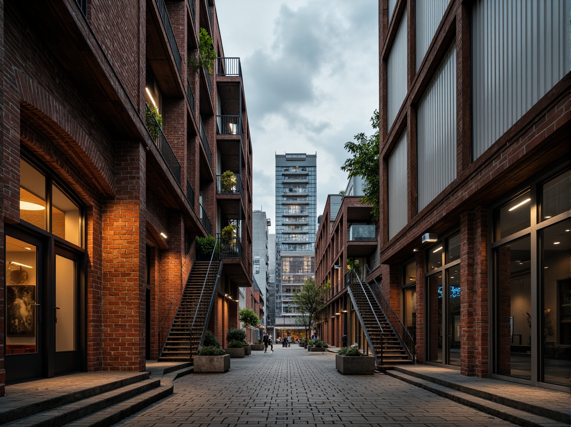 Prompt: Industrial warehouse, galvanized steel structure, fire brick exterior walls, rustic metal beams, distressed wooden accents, urban cityscape, cloudy grey sky, dramatic warm lighting, high contrast shadows, 1/2 composition, close-up shot, realistic textures, ambient occlusion, rough stone flooring, metal grated stairs, functional piping systems.