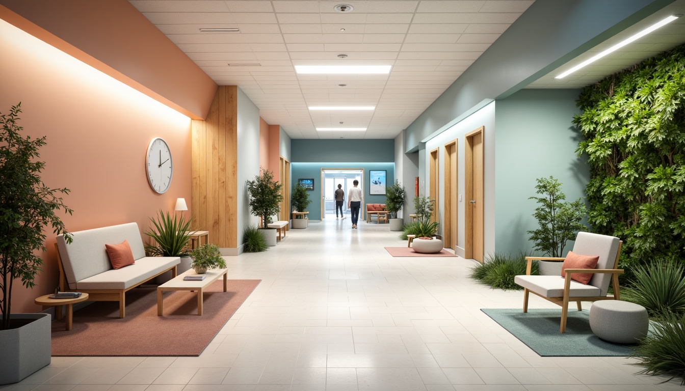 Prompt: Calming hospital corridors, pastel color schemes, soft peach tones, gentle blue hues, warm beige accents, natural wood textures, minimalist furniture, abundant greenery, living walls, soothing ambient lighting, indirect sunlight, diffused shadows, harmonious color harmony, calming patient rooms, private recovery areas, serene waiting lounges, comfortable seating, acoustic ceiling tiles, sound-absorbing materials, clear wayfinding signage, intuitive navigation systems, wheelchair-accessible ramps, gentle floor transitions, subtle fragrance diffusion, peaceful atmosphere, shallow depth of field, 2/3 composition, realistic textures, ambient occlusion.