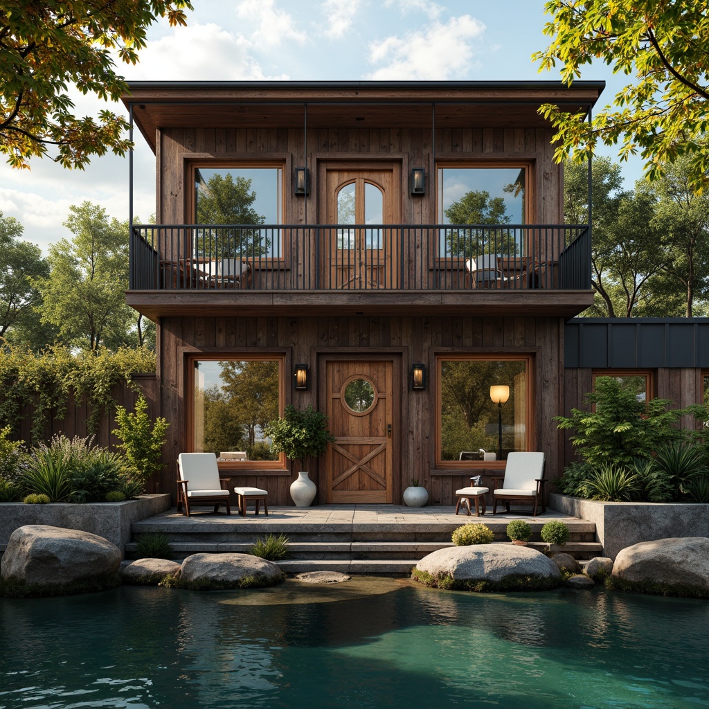 Prompt: Rustic boathouse, eclectic facade, reclaimed wood textures, distressed metal accents, vintage nautical decorations, ornate wooden doors, stained glass windows, intricate stonework, lush greenery, overhanging plants, tranquil waterfront, misty morning atmosphere, warm golden lighting, shallow depth of field, 1/2 composition, realistic water reflections, ambient occlusion, vibrant turquoise hues.