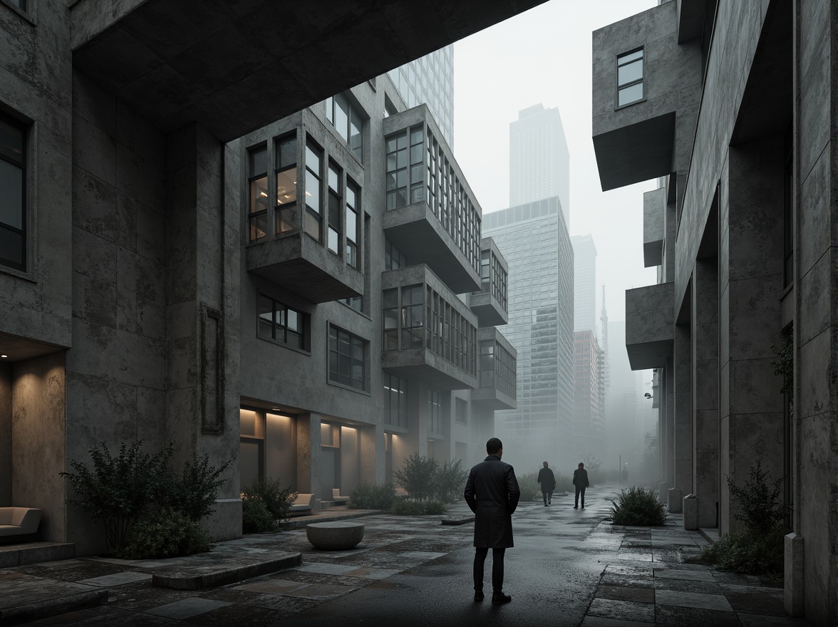 Prompt: Exposed concrete structures, brutalist architecture, rugged textures, industrial materials, steel beams, reinforced columns, geometric patterns, futuristic ambiance, urban landscapes, city skyscrapers, metropolitan atmosphere, high-contrast lighting, dramatic shadows, 1-point perspective, cinematic composition, atmospheric fog, mysterious mood, abstract silhouettes, monochromatic color scheme.