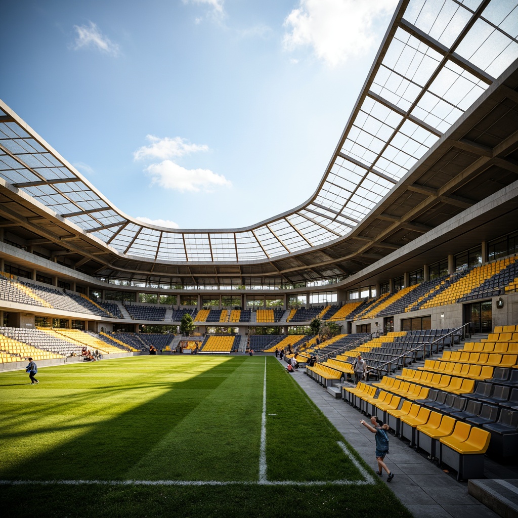 Prompt: Elevated grandstand, dynamic curvaceous rows, vibrant stadium seats, ergonomic design, sleek metal frames, durable weather-resistant materials, lush green grass, sunny day, soft warm lighting, shallow depth of field, 3/4 composition, panoramic view, realistic textures, ambient occlusion, tiered seating levels, accessible ramps, clear sightlines, unobstructed views, futuristic architecture, angular lines, minimalist design, innovative crowd management systems.