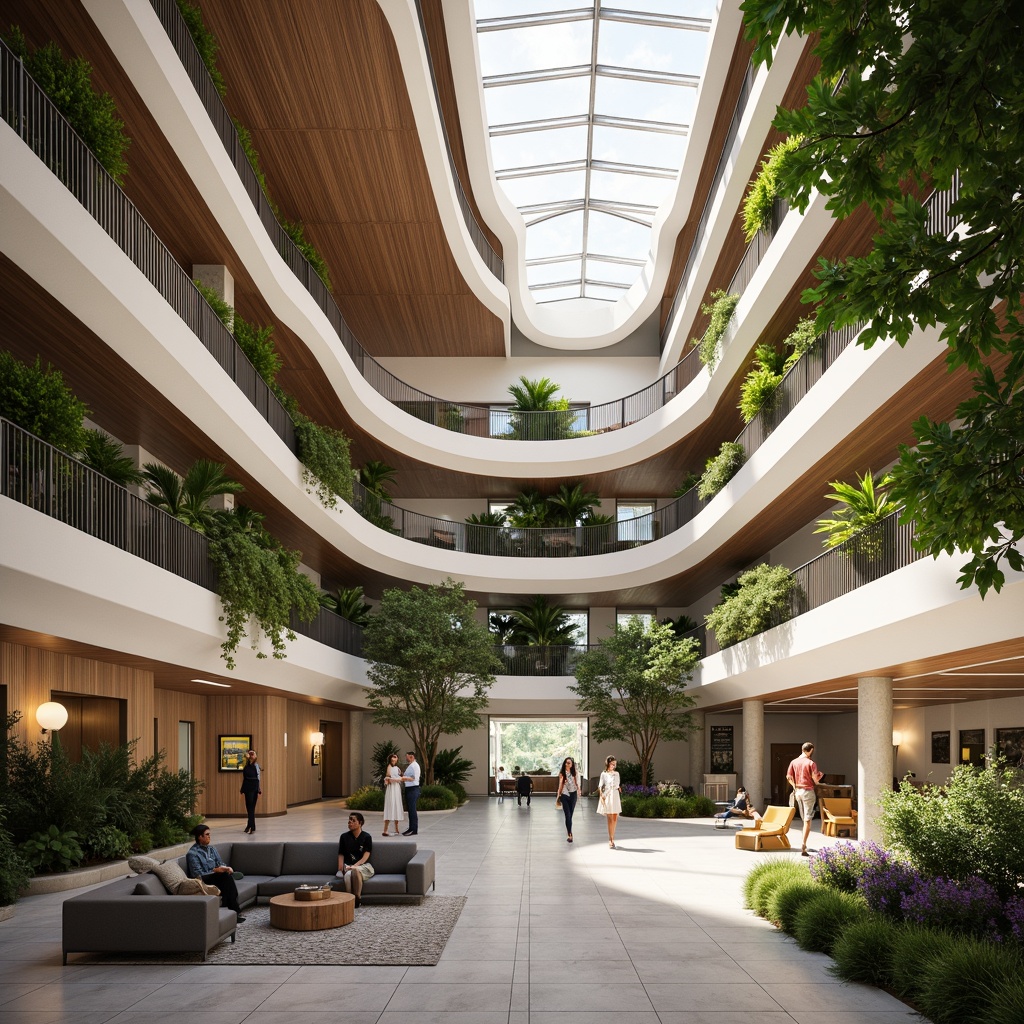 Prompt: Airport terminal, organic curves, natural light-filled atriums, wooden accents, living green walls, lush tropical plants, modern sculptures, comfortable seating areas, sleek information desks, minimalist signage, warm earthy tones, polished stone floors, soft diffused lighting, shallow depth of field, 1/1 composition, panoramic view, realistic textures, ambient occlusion.