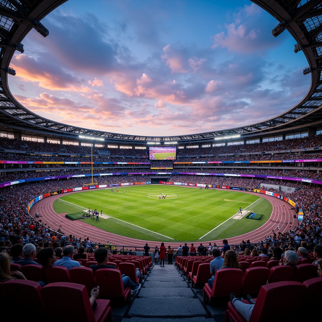 Prompt: Vibrant sports stadium, energetic atmosphere, bold team colors, bright LED lighting, dynamic crowd seating, modern architectural design, sleek metallic accents, sturdy concrete structures, lush green grass fields, athletic track lanes, scoreboard displays, electric evening ambiance, warm sunset glow, shallow depth of field, 1/2 composition, cinematic view, realistic textures, ambient occlusion.