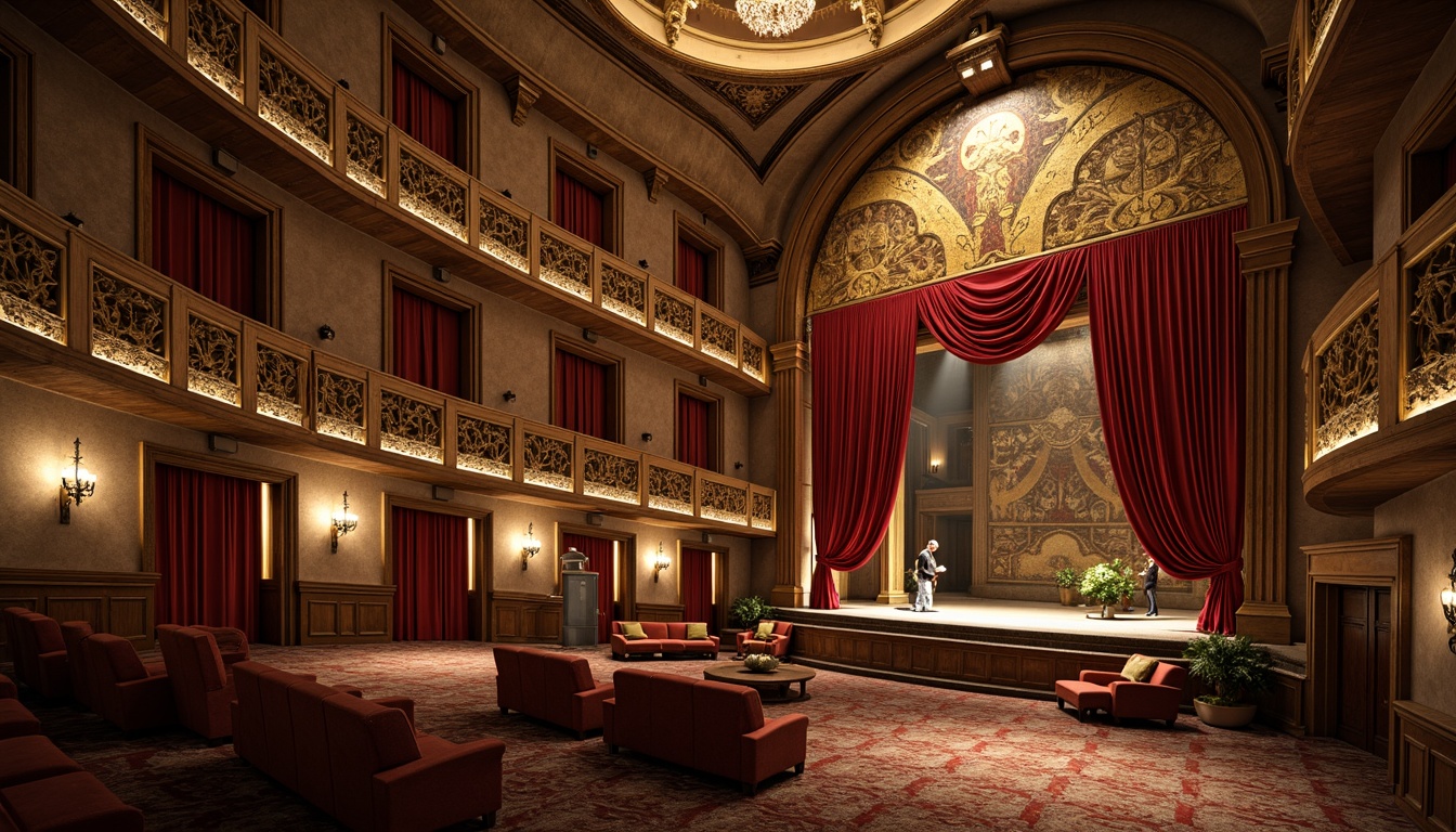 Prompt: Ornate auditorium, Romanesque arches, textured stone walls, intricate carvings, grand chandeliers, velvet curtains, ornamental balconies, patterned floors, luxurious seating areas, golden accents, rich wood tones, soft warm lighting, dramatic spotlights, shallow depth of field, 3/4 composition, atmospheric rendering, detailed ornaments, realistic reflections.