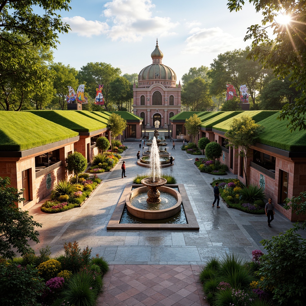 Prompt: Vibrant cultural center, lush green roofs, eclectic garden ornaments, meandering walking paths, ornate fountains, vibrant flowerbeds, modern sculptures, ethnic-inspired textiles, intricate mosaics, warm ambient lighting, shallow depth of field, 1/1 composition, panoramic view, realistic textures, ambient occlusion.