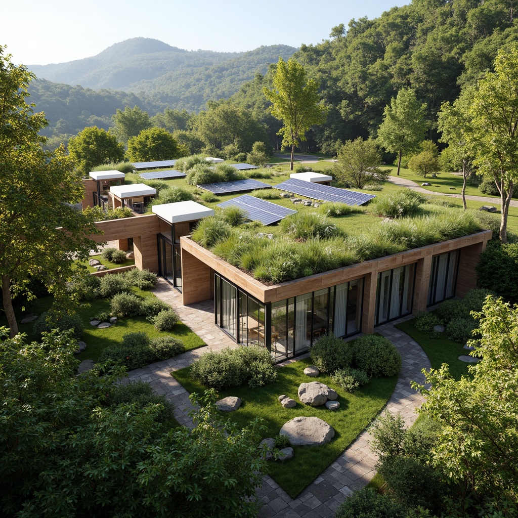 Prompt: Eco-friendly building, green roof, solar panels, rainwater harvesting system, natural ventilation, living walls, recycled materials, energy-efficient systems, biophilic design, organic shapes, earthy tones, seamless integration with surroundings, lush vegetation, serene atmosphere, soft natural lighting, shallow depth of field, 3/4 composition, panoramic view, realistic textures, ambient occlusion.