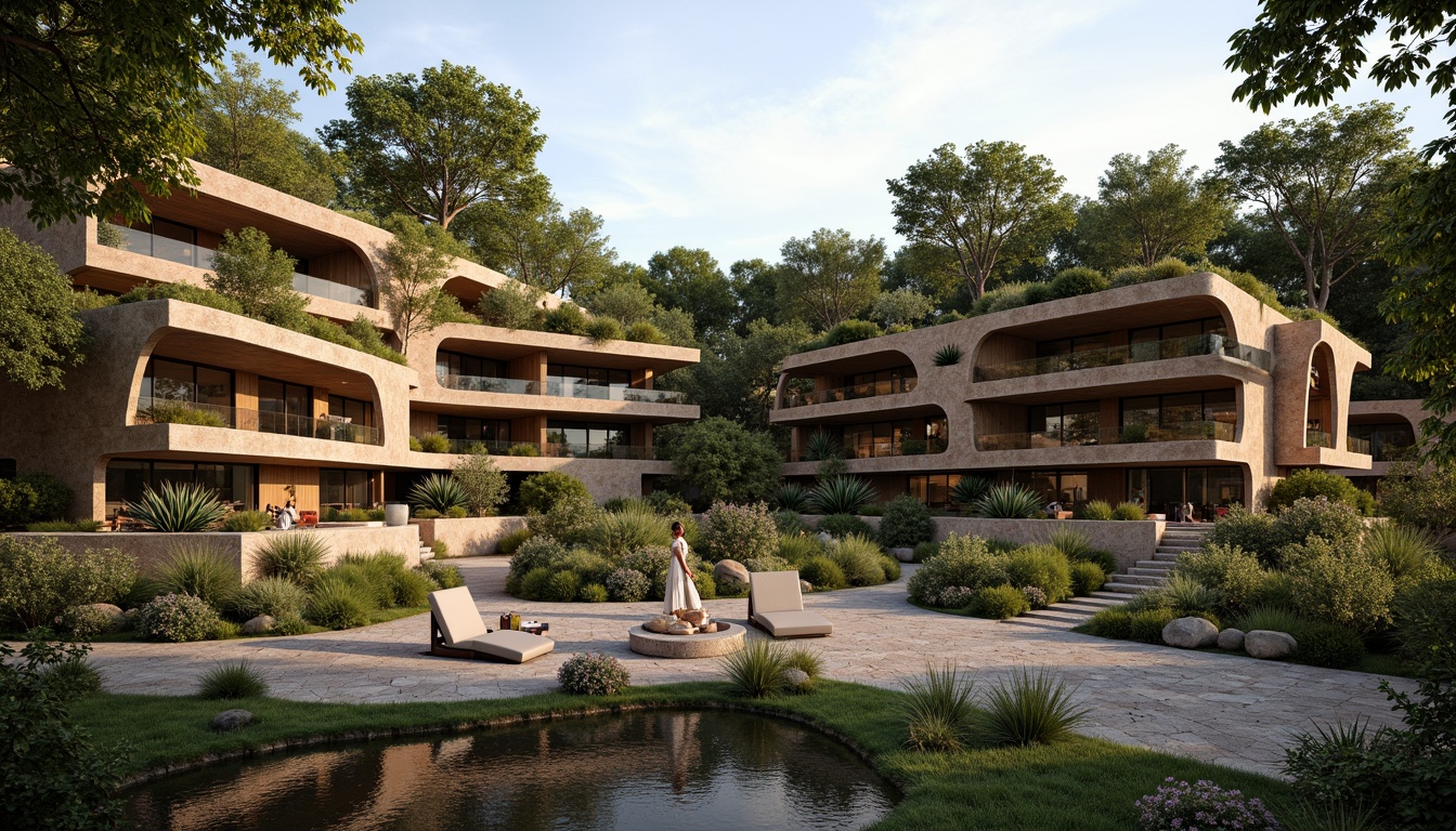 Prompt: Organic architecture, earthy tones, natural materials, reclaimed wood accents, stone walls, living roofs, greenery integration, organic shapes, curved lines, earth-inspired textures, warm ambient lighting, soft shadows, 3/4 composition, shallow depth of field, realistic renderings, atmospheric perspective.