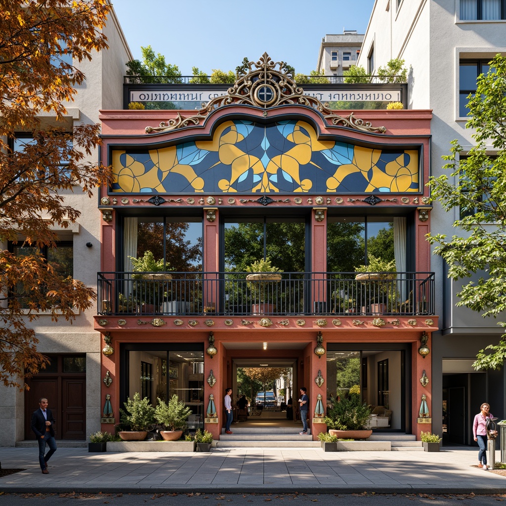 Prompt: Vibrant dental clinic facade, eclectic architectural style, ornate decorations, intricate patterns, bold color schemes, contrasting textures, mix of modern and vintage elements, grand entrance, large glass doors, decorative metalwork, unique sculptures, lush green walls, outdoor seating areas, urban cityscape, busy street scene, morning sunlight, warm atmospheric lighting, shallow depth of field, 2/3 composition, realistic reflections, ambient occlusion.