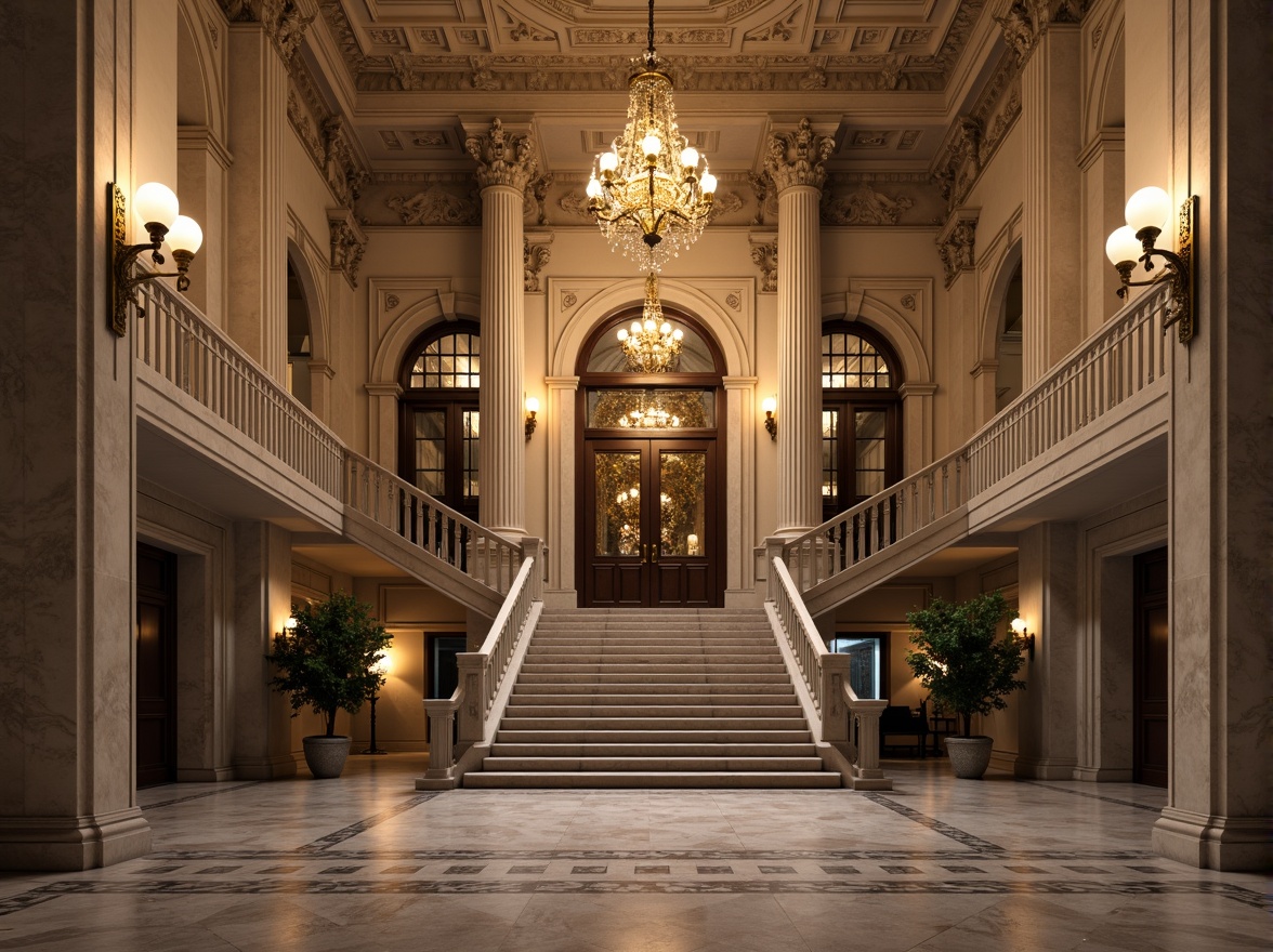 Prompt: Grand stone staircase, imposing Corinthian columns, ornate bronze doorways, symmetrical fa\u00e7ade, balanced composition, grandiose entrance hall, high ceilings, marble flooring, intricate moldings, majestic chandeliers, solemn atmosphere, soft warm lighting, shallow depth of field, 1/2 composition, panoramic view, realistic textures, ambient occlusion.