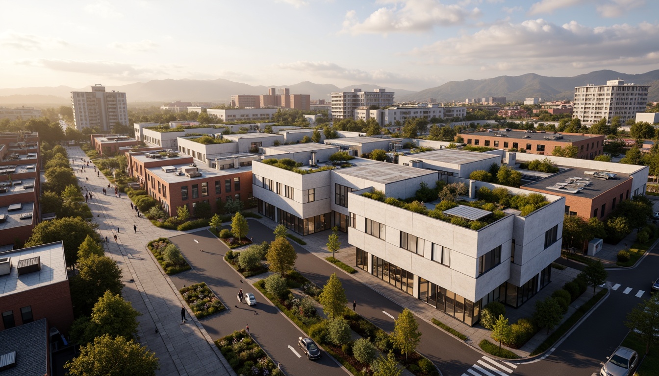 Prompt: Vibrant social housing complex, modern distribution center, innovative fa\u00e7ade design, metallic panels, LED lighting, angular lines, minimalist aesthetic, green roofs, solar panels, wind turbines, water conservation systems, eco-friendly materials, urban landscape, bustling streets, morning sunlight, soft warm lighting, shallow depth of field, 3/4 composition, panoramic view, realistic textures, ambient occlusion.