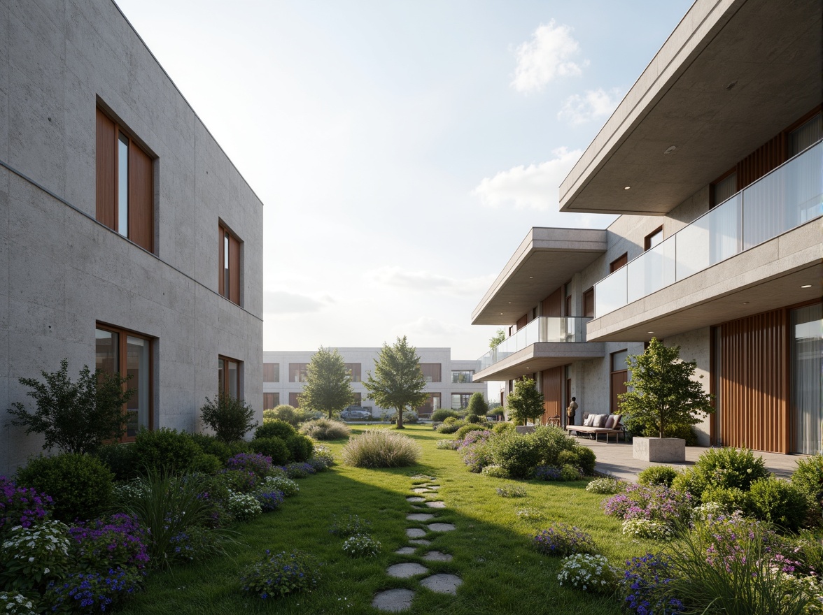 Prompt: Modern hospital building, structuralist architecture, clean lines, minimalist aesthetic, rectangular forms, cantilevered rooflines, large glass windows, metal frames, concrete walls, subtle textures, soft natural lighting, warm color palette, healing garden, lush greenery, calm atmosphere, shallow depth of field, 1/1 composition, realistic materials, ambient occlusion.