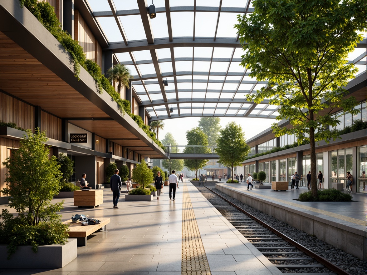 Prompt: Sustainable train station, natural ventilation, green roofs, solar panels, rainwater harvesting systems, recycled glass surfaces, reclaimed wood accents, living walls, vertical gardens, energy-efficient lighting, LED signage, minimal waste design, organic shapes, curved lines, modern architecture, open spaces, high ceilings, transparent canopies, natural stone flooring, minimalist decor, calm atmosphere, soft warm lighting, shallow depth of field, 3/4 composition, panoramic view, realistic textures, ambient occlusion.