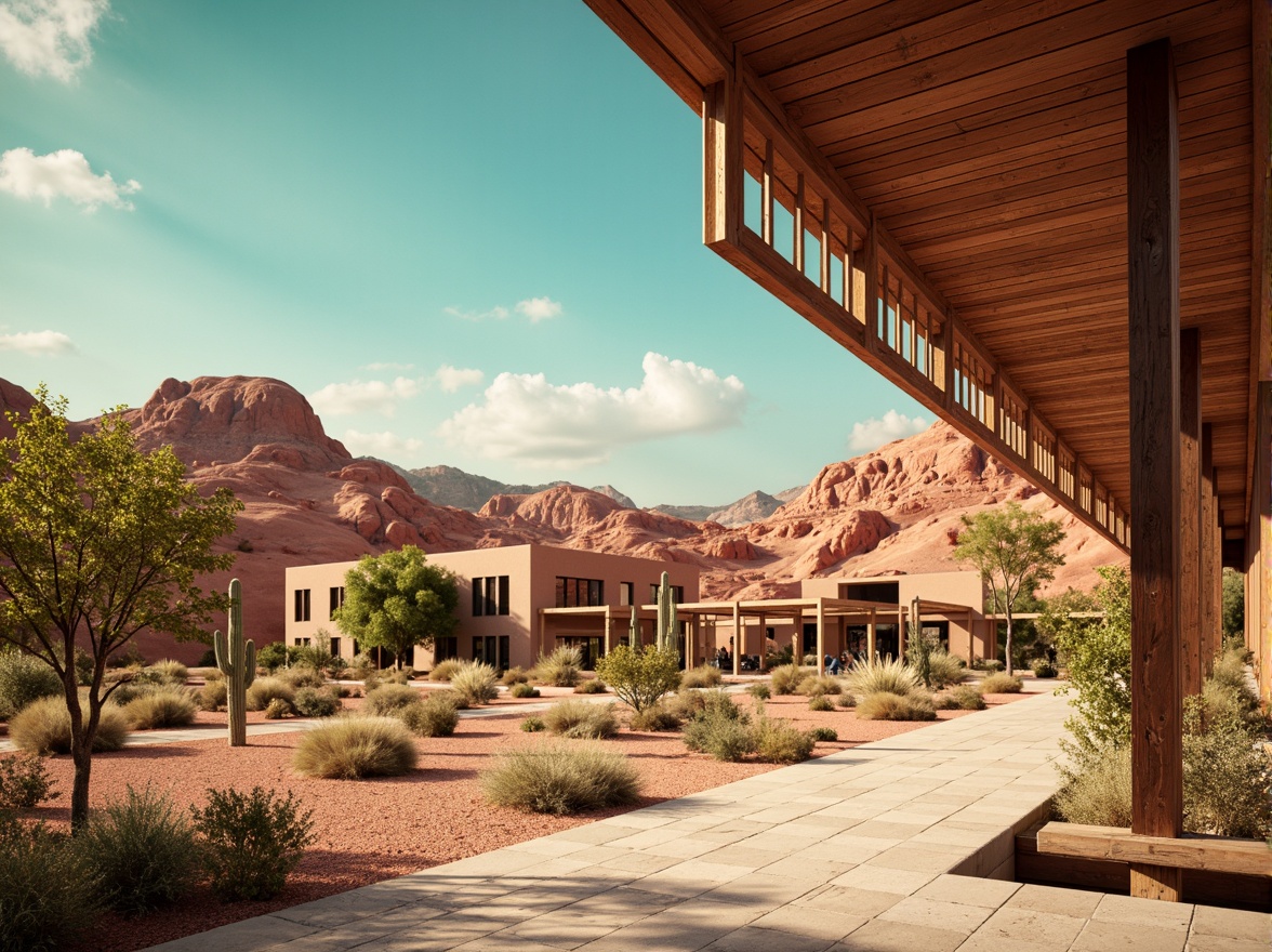 Prompt: Vibrant desert landscape, warm sandy dunes, majestic cacti, turquoise skies, sun-kissed adobe buildings, earthy terracotta tones, rustic metal accents, modern minimalist design, bold geometric patterns, natural stone flooring, weathered wood textures, soft warm lighting, shallow depth of field, 3/4 composition, panoramic view, realistic ambient occlusion, metro station architecture.