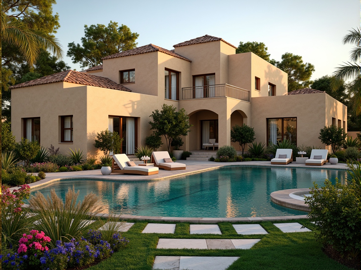 Prompt: Lush Mediterranean villa, warm beige stucco walls, rustic terracotta rooftops, vibrant turquoise accents, lush greenery, blooming flowers, tranquil water features, natural stone pathways, elegant archways, ornate wooden doors, soft warm lighting, golden hour ambiance, shallow depth of field, 3/4 composition, panoramic view, realistic textures, ambient occlusion.