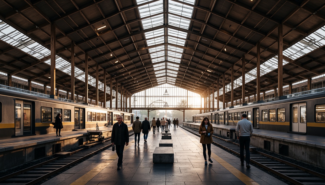 Prompt: Spacious train station, high ceilings, clerestory windows, natural ventilation systems, large rooflights, open platforms, steel frames, industrial chic, urban landscape, busy atmosphere, morning commute, soft warm lighting, shallow depth of field, 3/4 composition, panoramic view, realistic textures, ambient occlusion.