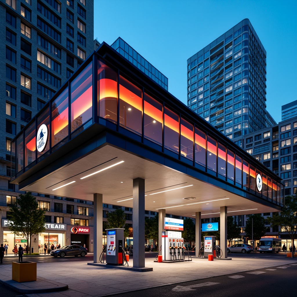 Prompt: Modern Bauhaus-style gas station, geometric shapes, clean lines, industrial materials, metal canopies, glass fa\u00e7ades, minimal ornamentation, functional design, futuristic vibe, urban cityscape, busy streets, neon signage, LED lighting, angular architecture, bold color schemes, metallic accents, sleek fuel pumps, modern typography, abstract patterns, shallow depth of field, 1/1 composition, high-contrast lighting, realistic textures.