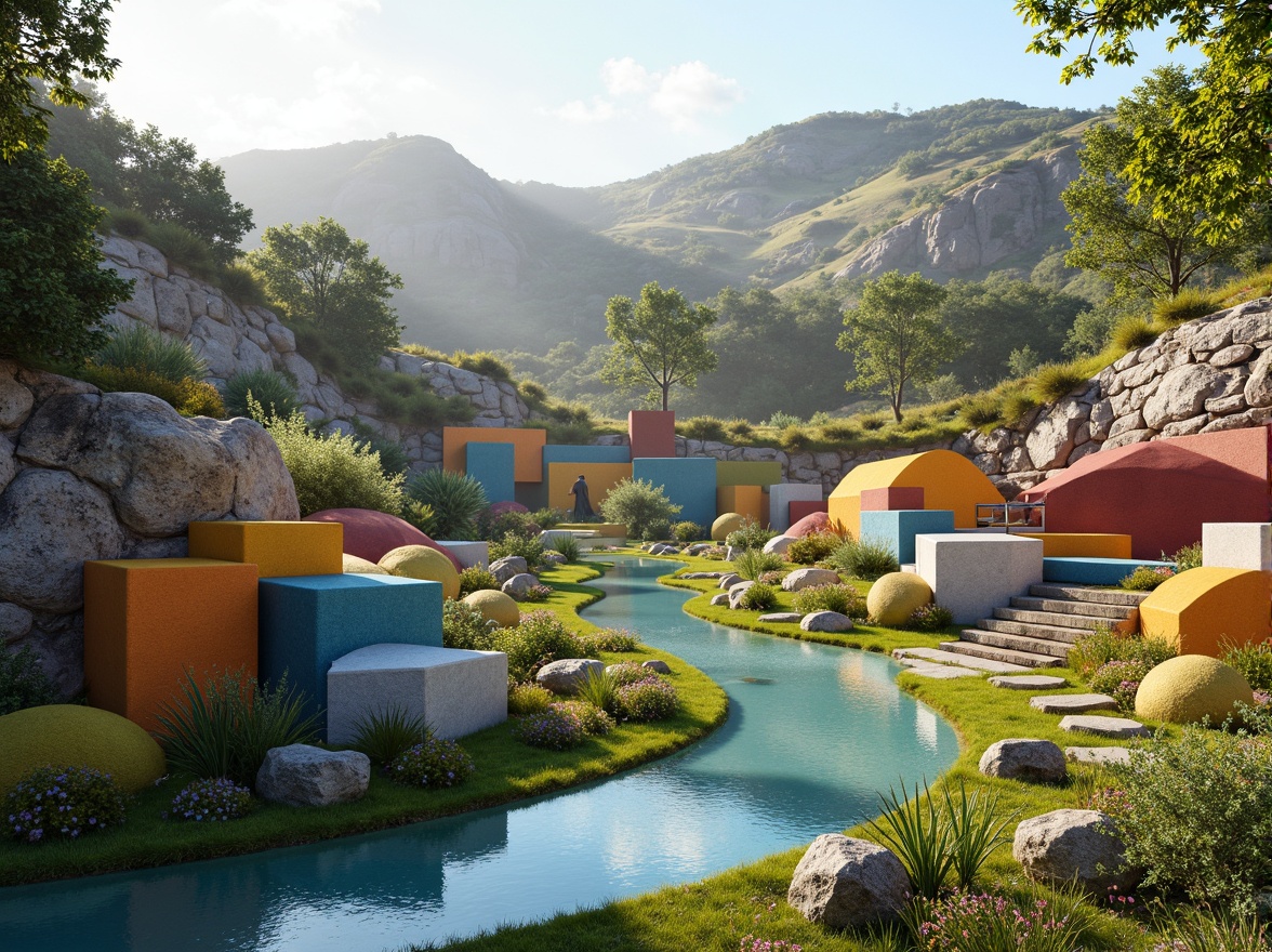 Prompt: Harmonious landscape integration, abstract geometric shapes, vibrant colored blocks, playful topography, winding paths, natural stone walls, weathered wood accents, eclectic sculptural elements, whimsical water features, kinetic sculptures, futuristic lighting installations, misty atmospheric effects, shallow depth of field, 1/1 composition, panoramic view, stylized textures, ambient occlusion.