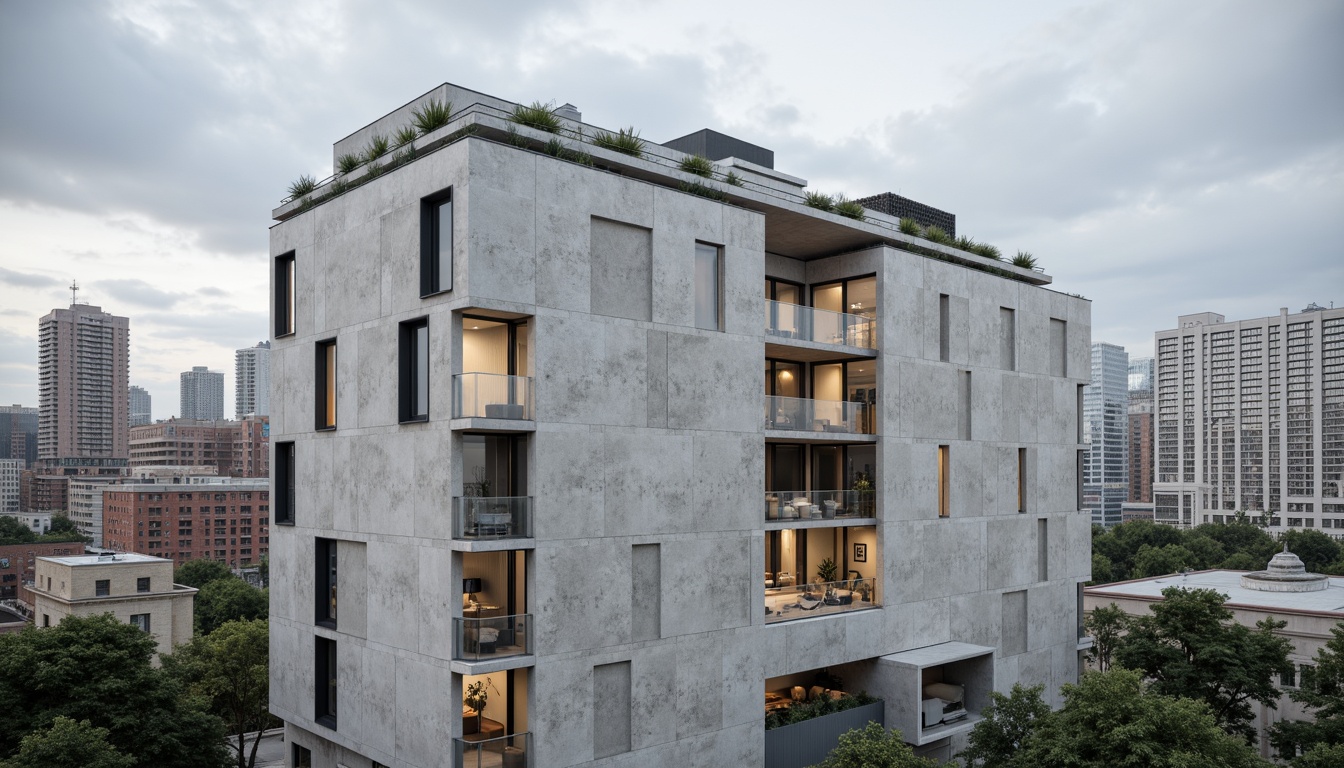 Prompt: Modern building facade, irregular texture, concrete walls, industrial materials, brutalist architecture, urban cityscape, cloudy sky, natural light, shallow depth of field, 1/2 composition, realistic rendering, ambient occlusion, exposed ductwork, metallic accents, minimalist interior design, functional layout, neutral color palette, subtle pattern variations.