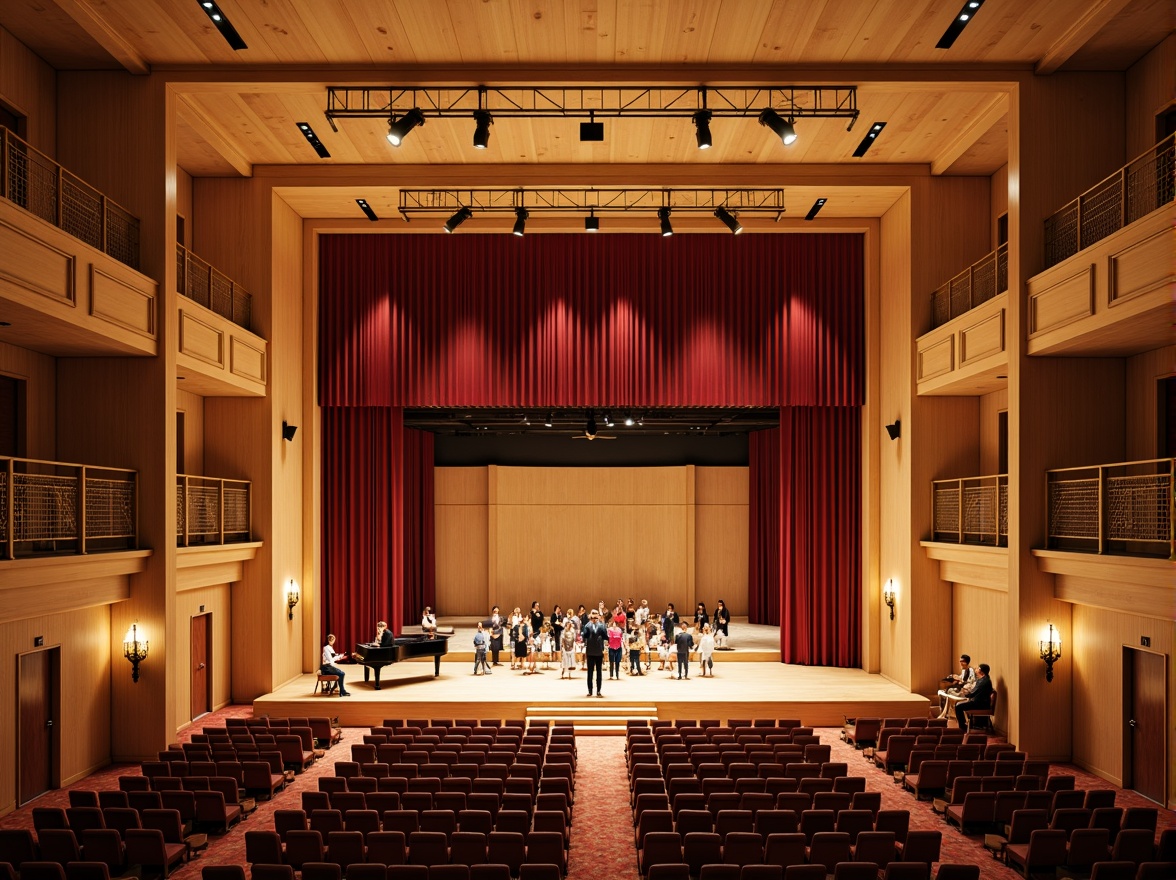 Prompt: Elegant concert hall, rich wood tones, warm beige walls, polished brass fixtures, velvety red curtains, soft golden lighting, sophisticated seating arrangements, grand pianos, refined acoustic panels, ornate balconies, intricate moldings, subtle cream accents, luxurious carpeting, intimate performance spaces, dramatic spotlights, 1/1 composition, shallow depth of field, realistic textures, ambient occlusion.