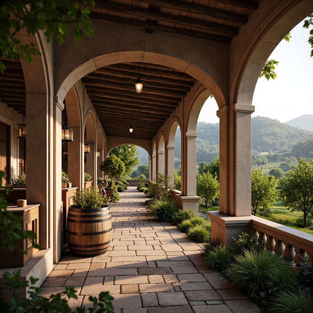 Prompt: Rustic winery, Renaissance Revival architecture, ornate stone carvings, curved archways, terracotta roofs, wooden barrel accents, vintage wine-making equipment, distressed wood textures, earthy color palette, warm candlelight, soft ambient glow, shallow depth of field, 1/2 composition, natural stone pathways, lush vineyard surroundings, rolling hills, sunny afternoon, gentle breeze, realistic foliage, subtle atmospheric effects.