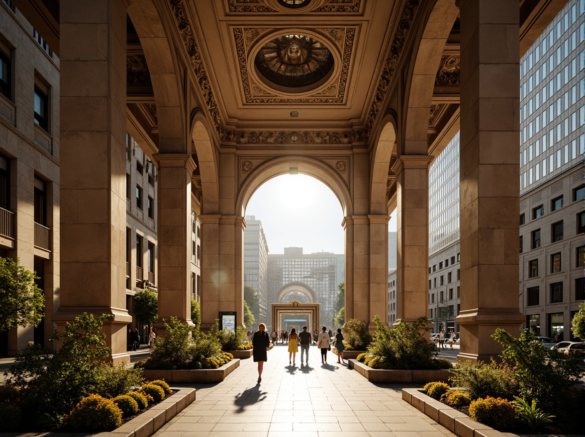 Prompt: \Grandiose metro station entrance, Romanesque arches, ornate stone carvings, lush greenery, vibrant flower arrangements, majestic columns, intricate mosaics, warm golden lighting, shallow depth of field, 3/4 composition, panoramic view, realistic textures, ambient occlusion, urban cityscape, bustling streets, modern transportation hub, busy pedestrian traffic, sleek glass canopies, stainless steel railings, polished granite floors, elegant signage systems.\