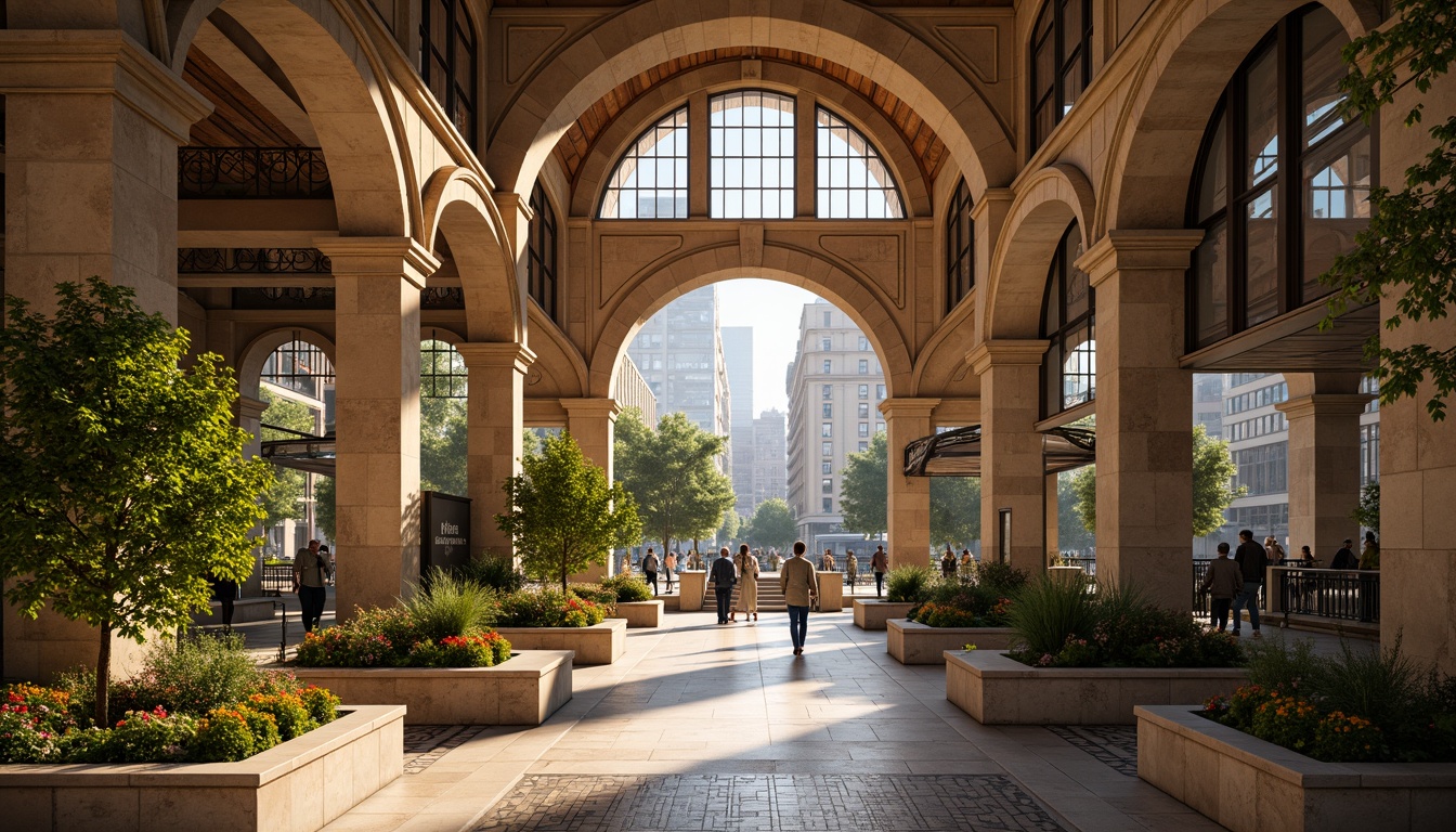 Prompt: Ancient Roman-inspired metro station, grand archways, ornate columns, rusticated stone walls, lush greenery, vibrant flowerbeds, intricately patterned mosaics, warm golden lighting, shallow depth of field, 3/4 composition, panoramic view, realistic textures, ambient occlusion, urban cityscape, busy pedestrian traffic, modern transportation hub, sleek metal railings, glass canopies, natural stone flooring, grand staircase, ornate ironwork details.