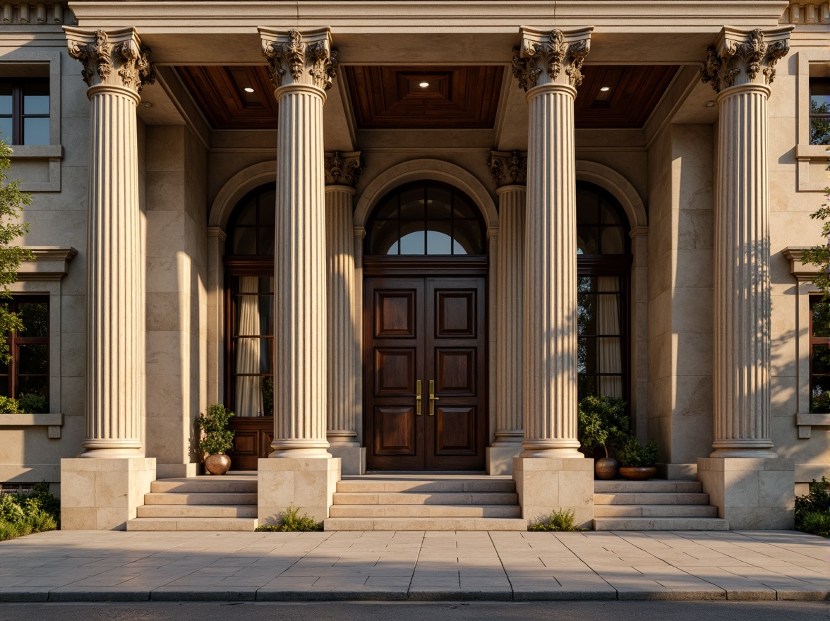 Prompt: Grandiose building facade, majestic columns, ornate capitals, fluted shafts, elegant entablatures, symmetrical composition, classical proportions, rustic stone materials, weathered surfaces, subtle shadows, warm natural light, shallow depth of field, 2/3 composition, frontal view, high dynamic range, realistic textures, ambient occlusion.