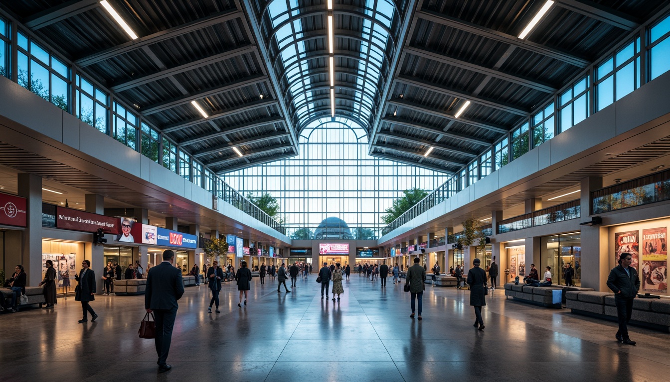 Prompt: Futuristic international train station, grand atrium, high ceilings, sleek metal beams, polished marble floors, modern minimalist architecture, large glass windows, LED lighting systems, neon signs, dynamic color changing lights, subtle ambient glow, soft warm illumination, shallow depth of field, 3/4 composition, panoramic view, realistic metallic textures, ambient occlusion, bustling crowd, rush hour atmosphere, fast-paced urban lifestyle.