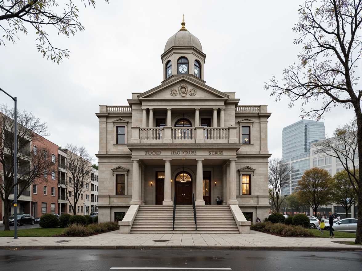 Prompt: Grand courthouse facade, neoclassical architecture, symmetrical composition, ornate details, Corinthian columns, architrave moldings, carved stone decorations, grand entrance stairs, bronze door handles, elegant clock tower, weathered limestone walls, rusticated base, subtle cornice, classical pediment, majestic dome, historic landmark, overcast sky, soft diffused lighting, shallow depth of field, 2/3 composition, realistic textures, ambient occlusion.