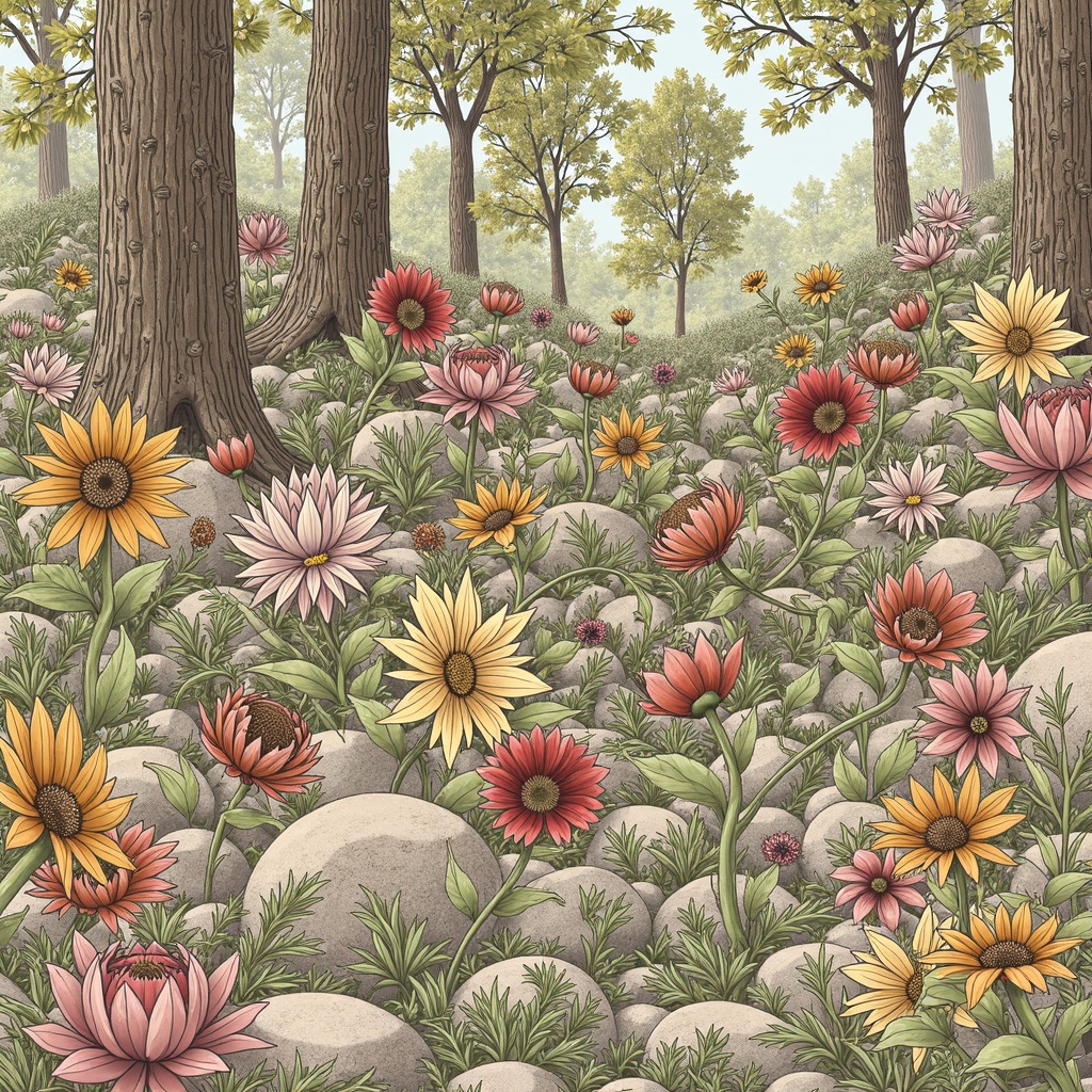 Prompt: Organic botanical forms, intricately detailed florals, natural stone textures, earthy color palette, wooden accents, woven fibers, curved lines, whimsical illustrations, watercolor-inspired effects, soft diffused lighting, atmospheric perspective, 1/2 composition, realistic rendering, ambient occlusion.