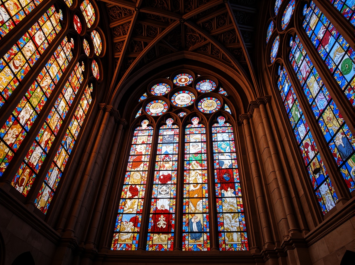 Prompt: Vibrant stained glass windows, kaleidoscope colors, intricate patterns, Gothic arches, grand cathedrals, ornate facades, delicate tracery, luminous lighting, warm golden tones, rich jewel-toned hues, subtle texture variations, 3D-like depth illusions, dramatic shadows, soft diffused light, sacred ambiance, elegant curves, symmetrical compositions, historic landmark buildings, spiritual atmospheres, mystical auras, artistic expressions, divine beauty, heavenly inspirations.