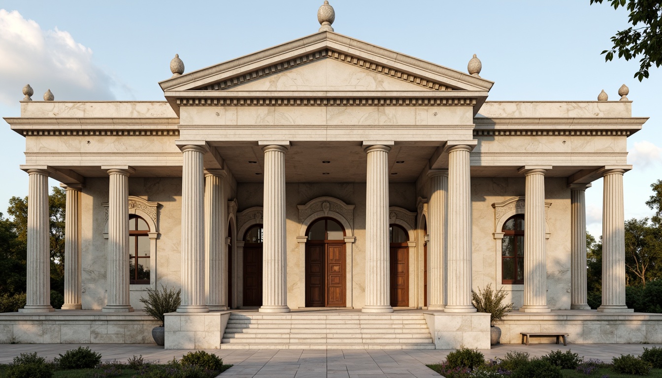 Prompt: Grandiose temple, majestic columns, ornate capitals, classical pediments, symmetrical facade, white marble materials, intricate carvings, subtle shadows, warm golden lighting, shallow depth of field, 1/1 composition, frontal view, realistic textures, ambient occlusion, historic atmosphere, solemn mood, elegant proportions, refined details, sophisticated architectural elements.